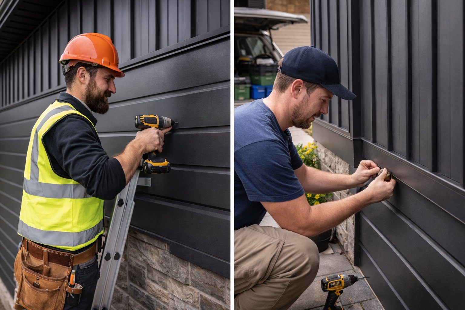 Contractors fastening dark steel siding on a home