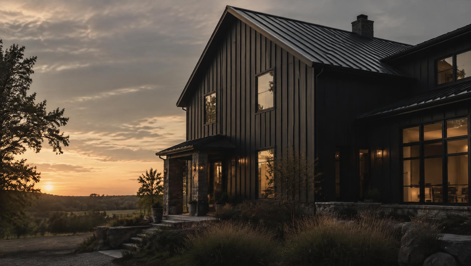 Dark board-and-batten steel siding on a country home at dusk